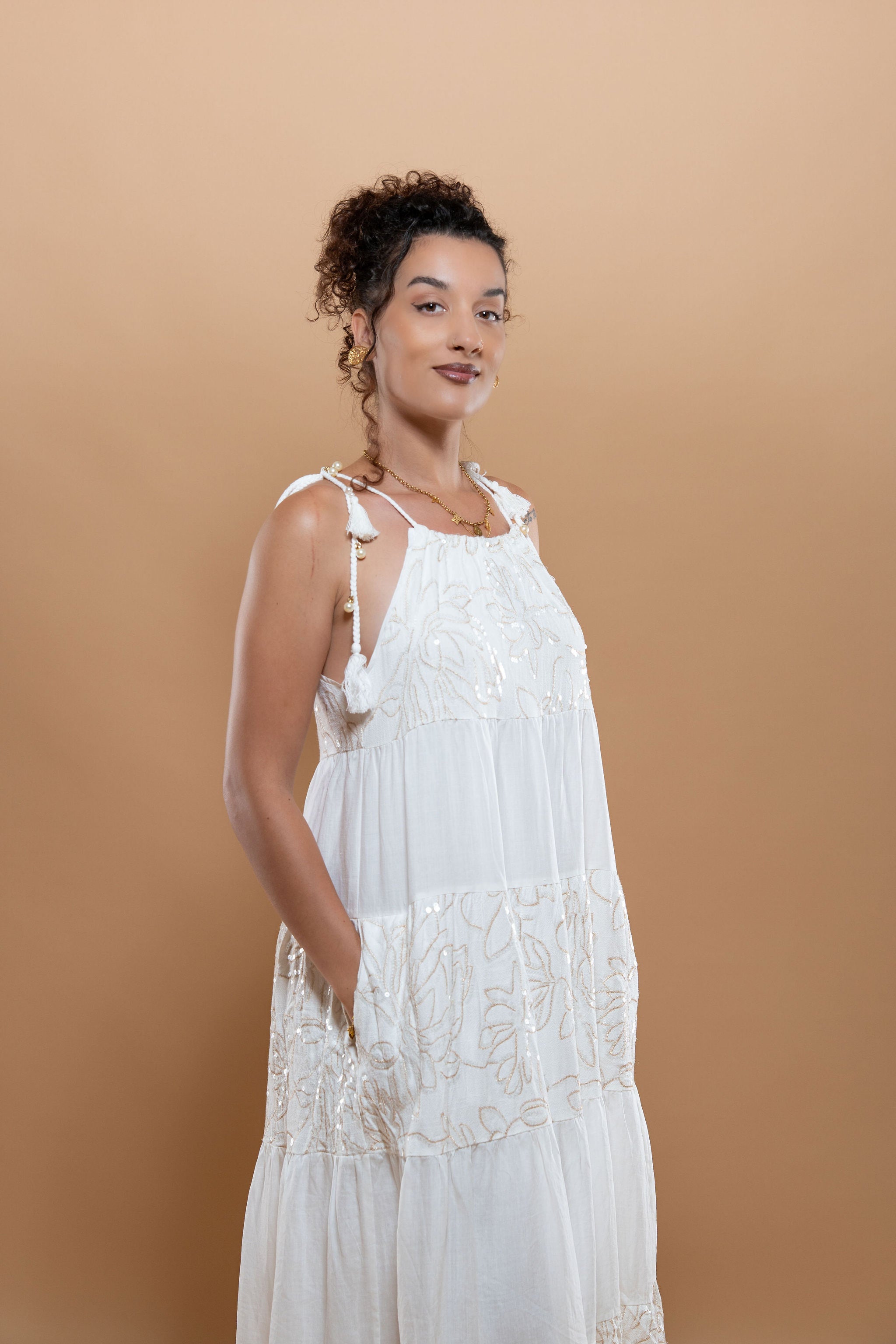 Robe Blanche Ample Décontractée avec Broderie - Coton Doublé