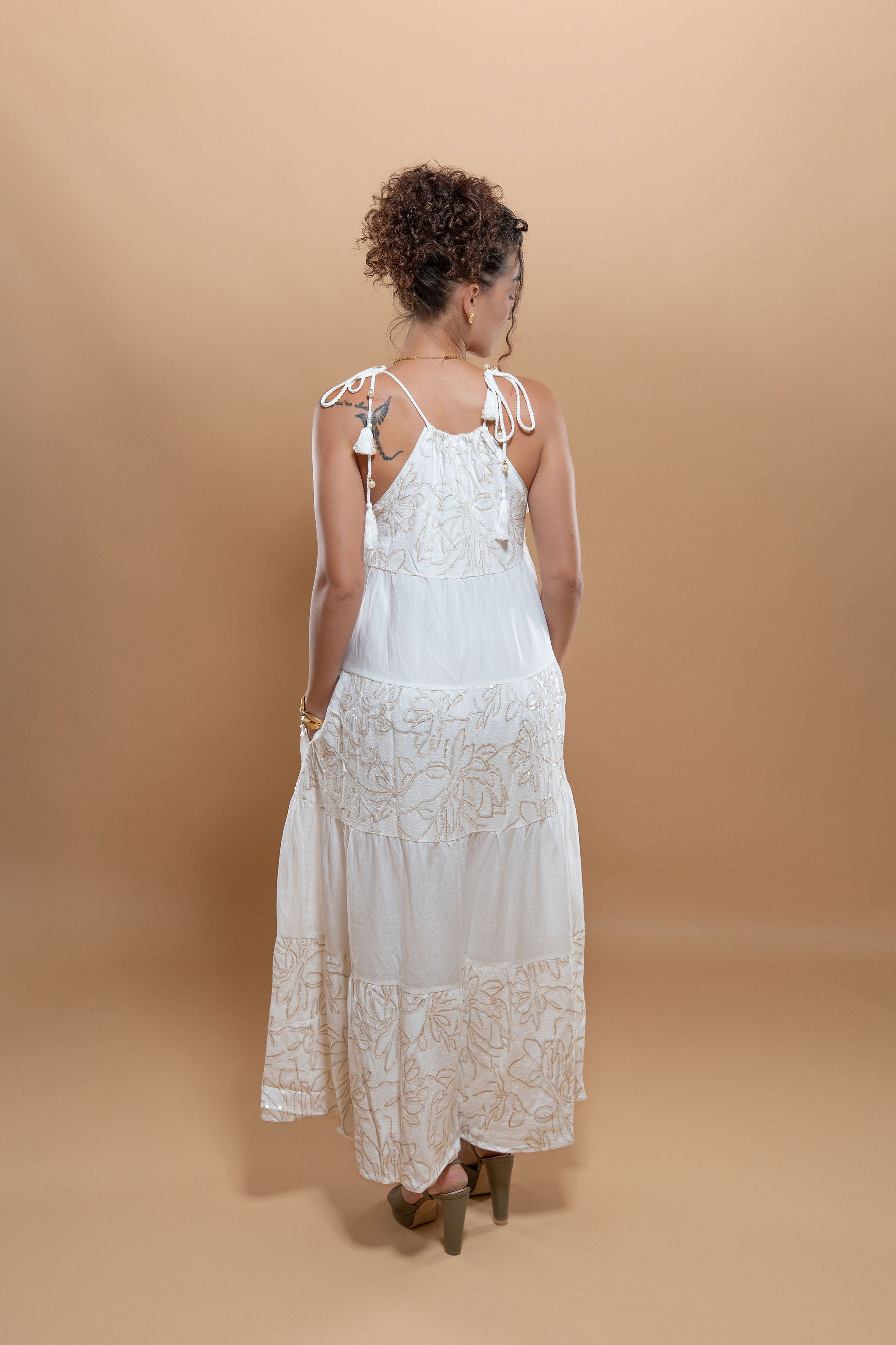 Robe Blanche Ample Décontractée avec Broderie - Coton Doublé