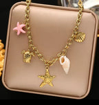 Collier Océan Étoile de Mer Tortue Coquillage Doré