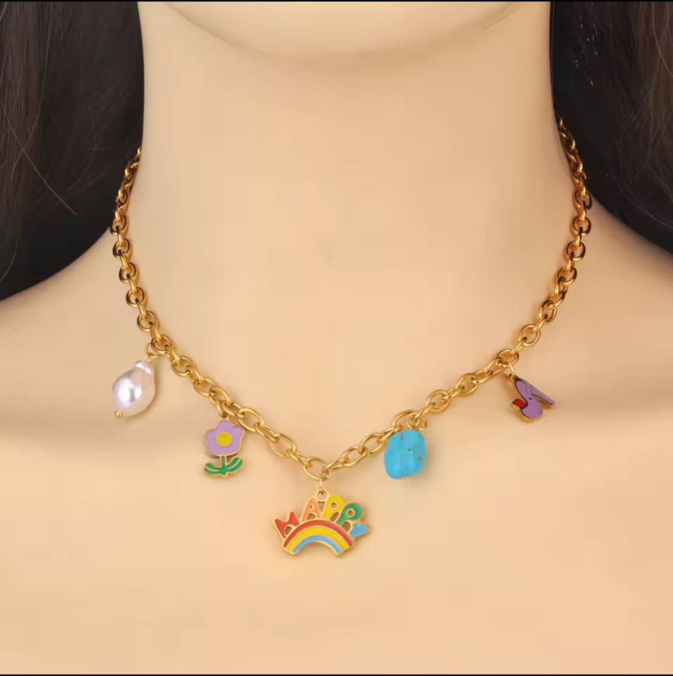 Collier Arc-en-Ciel Fleur Perle Chaussure Doré