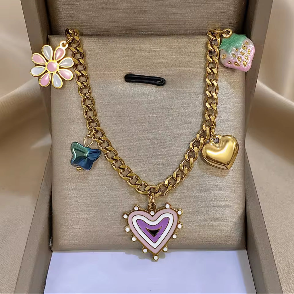 Collier Chaîne Épaisse Fleur Fraise Cœur Doré