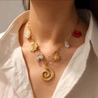 Collier Géométrique Spirale Arc-en-Ciel Soleil Fleur Doré