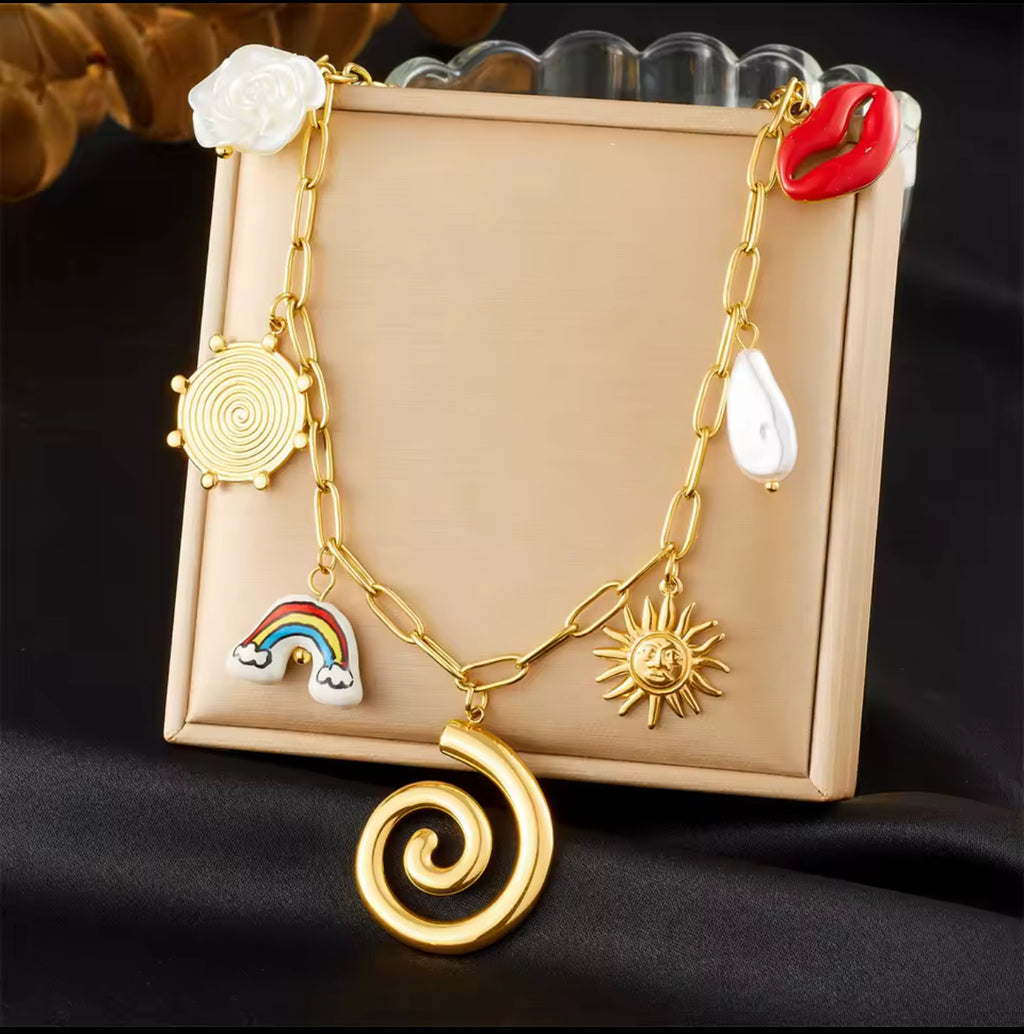 Collier Géométrique Spirale Arc-en-Ciel Soleil Fleur Doré