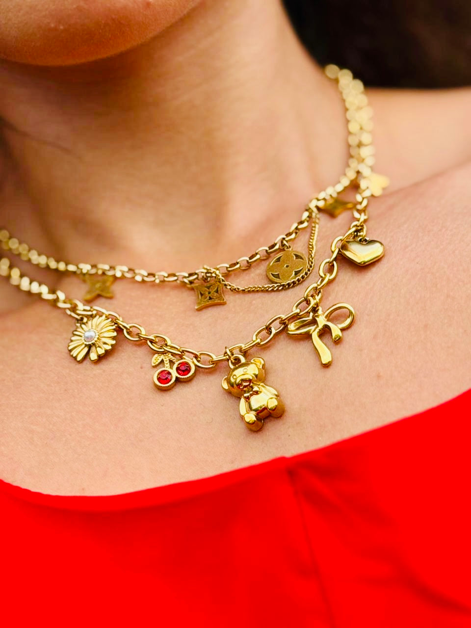Collier Ourson Doré Cœur Cerise Nœud Fleur Tournesol