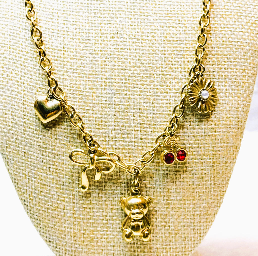 Collier Ourson Doré Cœur Cerise Nœud Fleur Tournesol