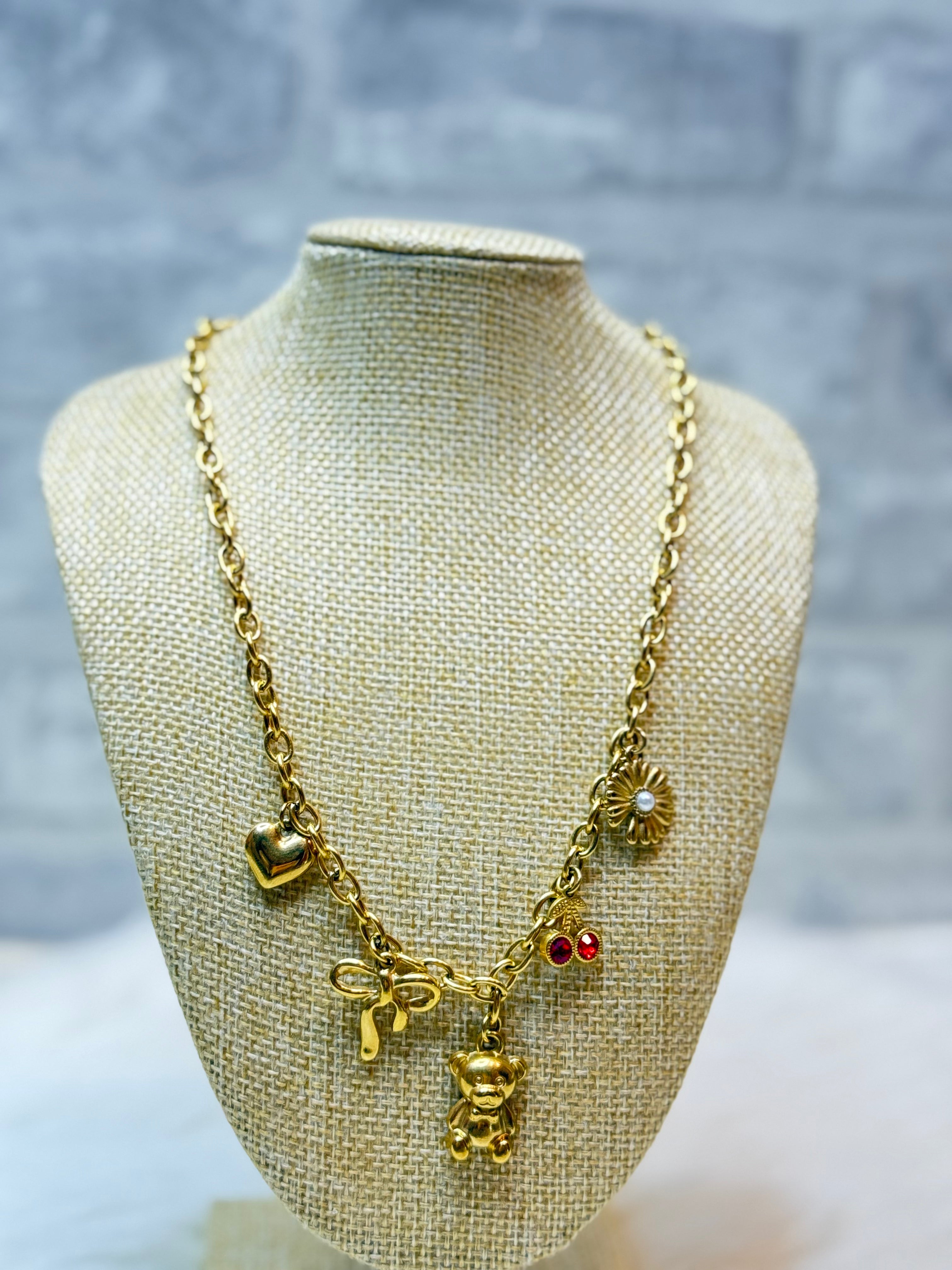 Collier Ourson Doré Cœur Cerise Nœud Fleur Tournesol