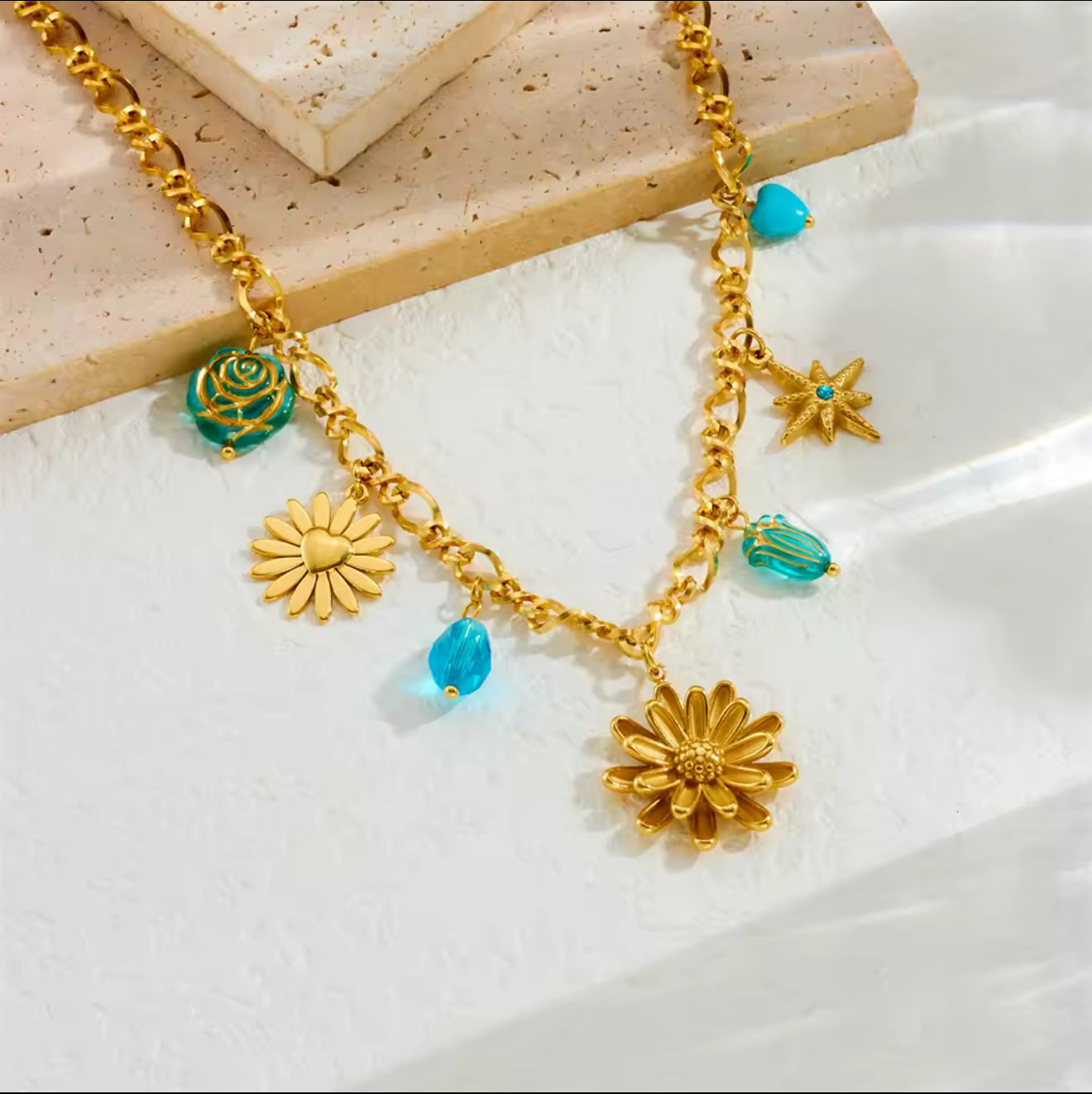 Collier Pendentif Fleur 3D Double Couche Doré Acier