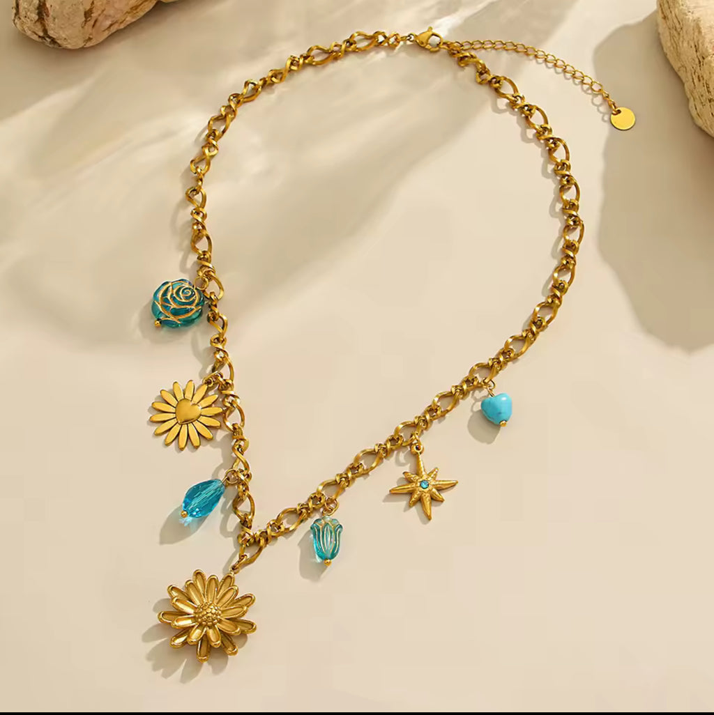 Collier Pendentif Fleur 3D Double Couche Doré Acier