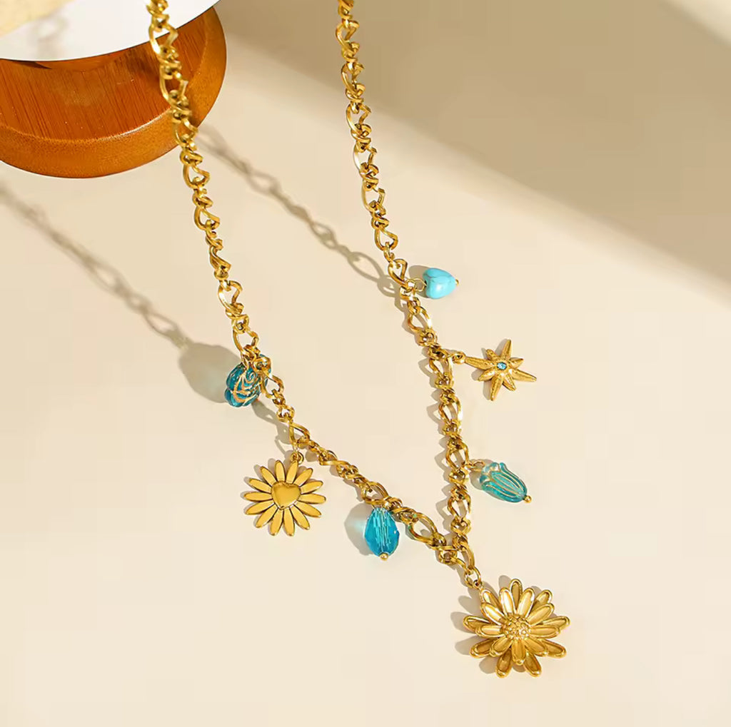 Collier Pendentif Fleur 3D Double Couche Doré Acier