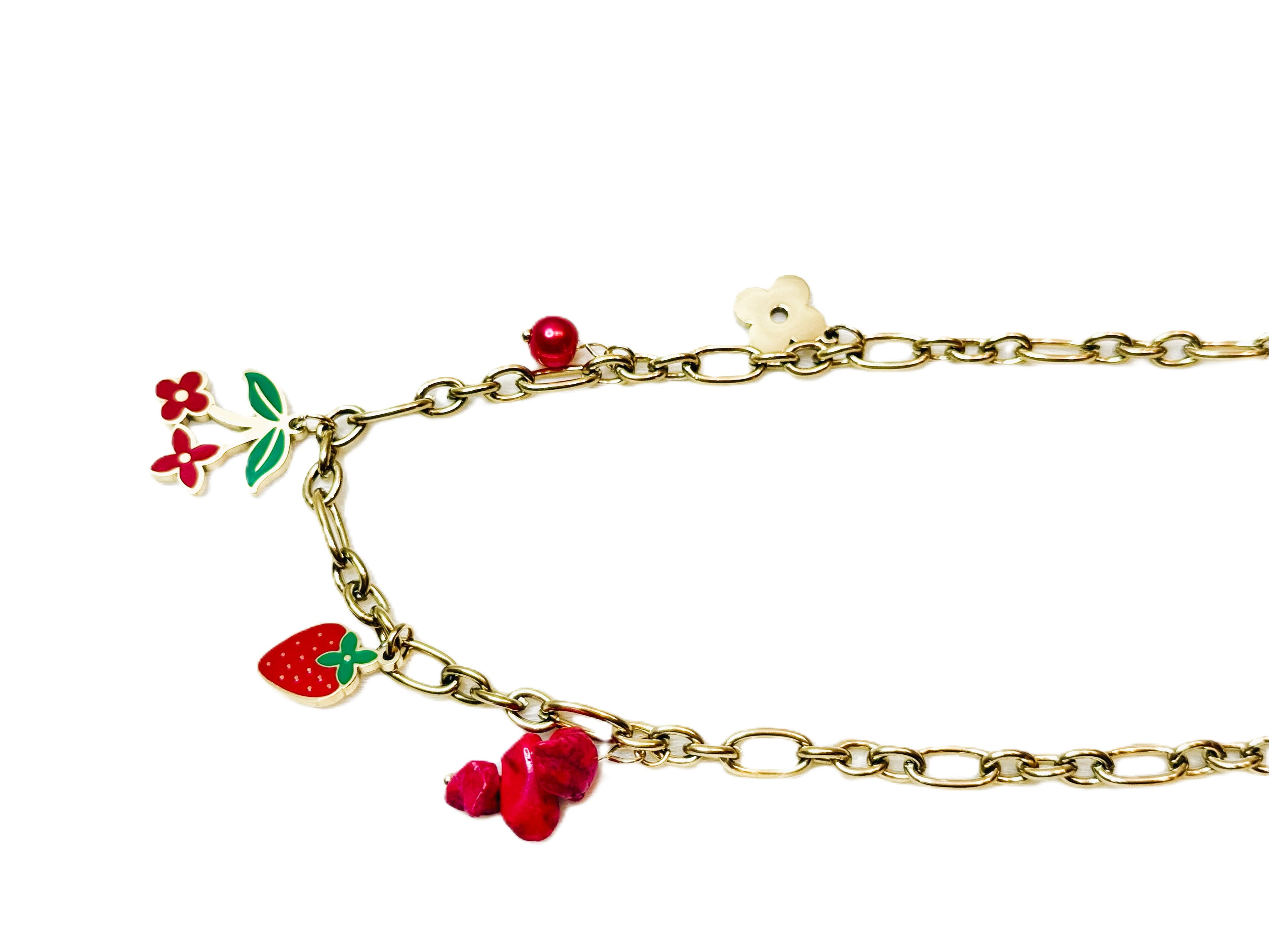 Collier Pendentif Fleur Fraise Pierre Rouge Doré