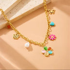 Collier Pierre Œil de Chat Multicolore Fleurs Rose Ajourée Doré