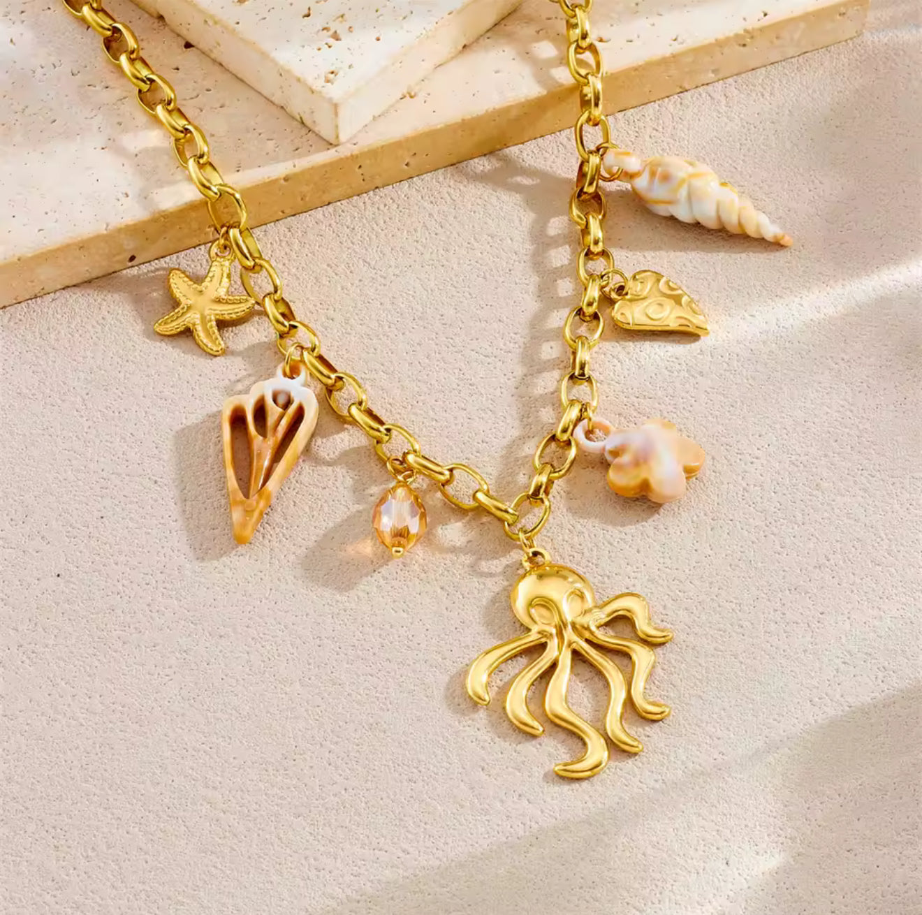 Collier Poulpe Étoile de Mer Cœur Plaqué Or Acier