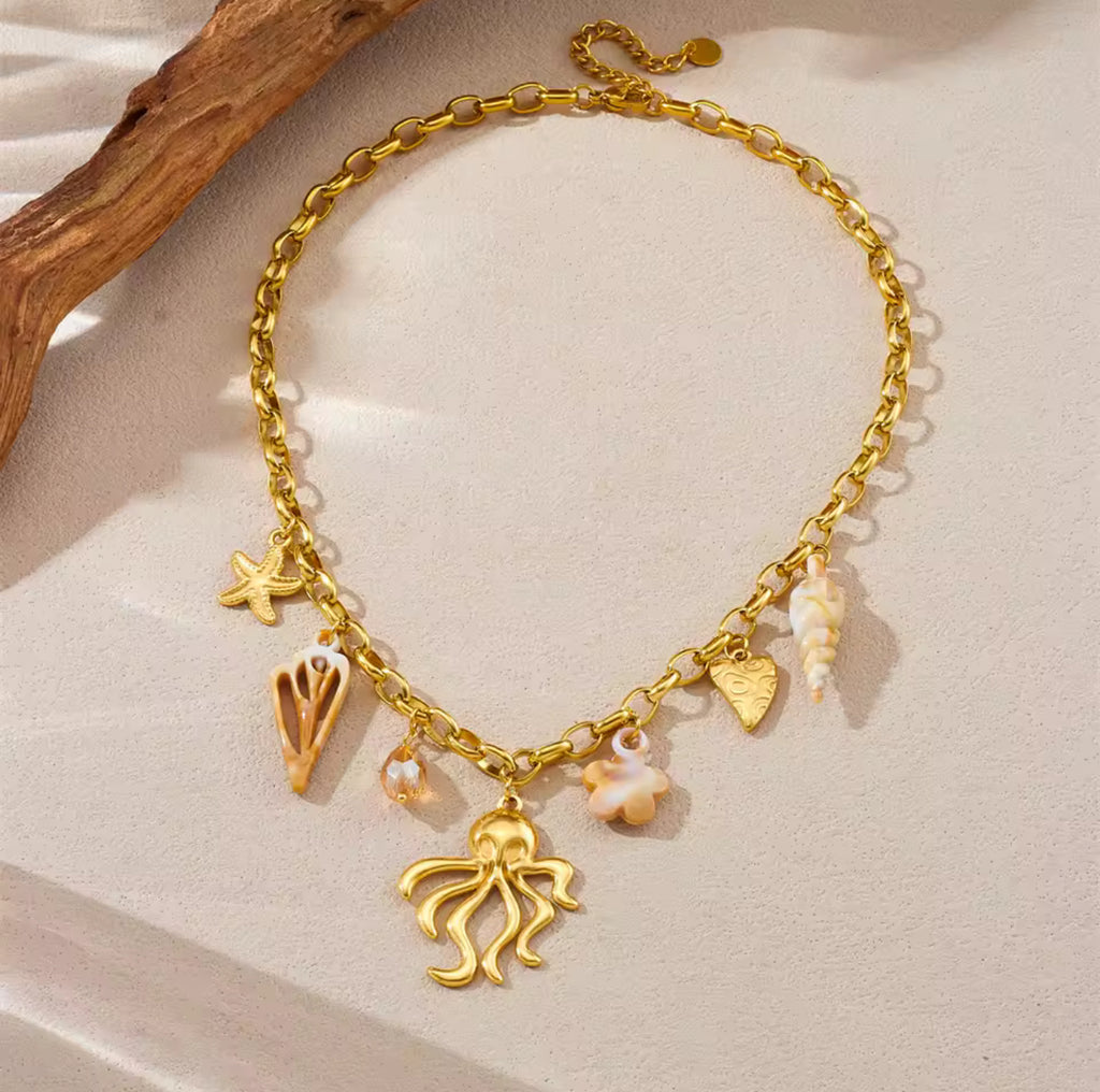 Collier Poulpe Étoile de Mer Cœur Plaqué Or Acier