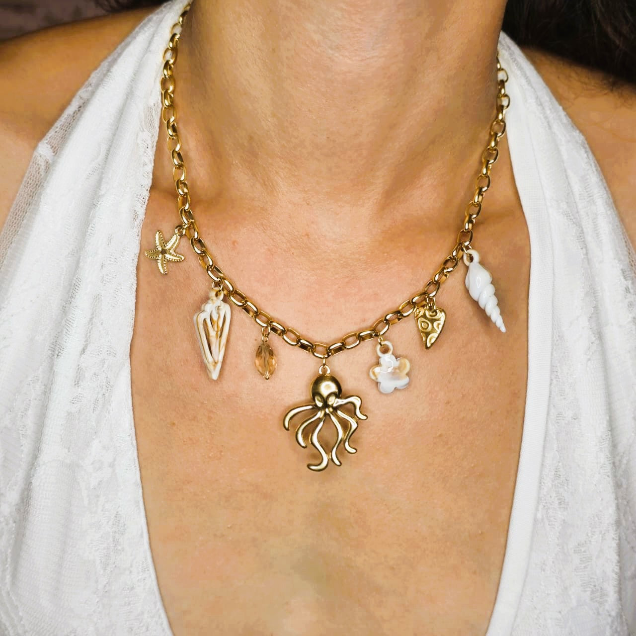 Collier Poulpe Étoile de Mer Cœur Plaqué Or Acier