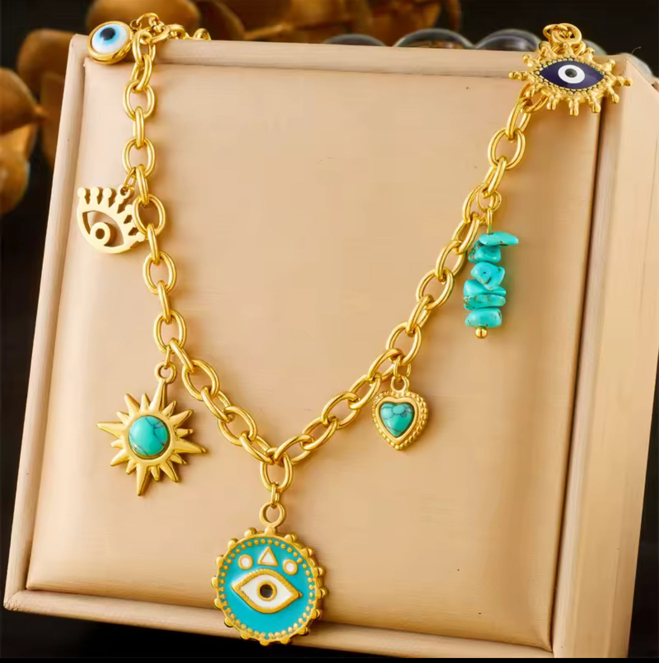 Collier Rétro Soleil Étoile Œil Pierre Turquoise Doré