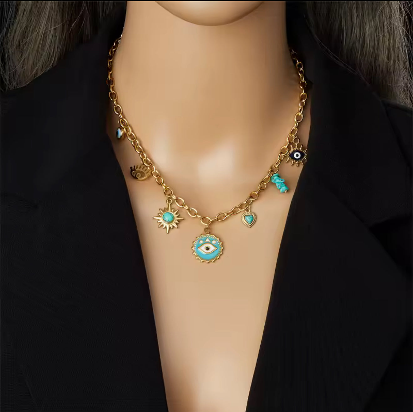 Collier Rétro Soleil Étoile Œil Pierre Turquoise Doré