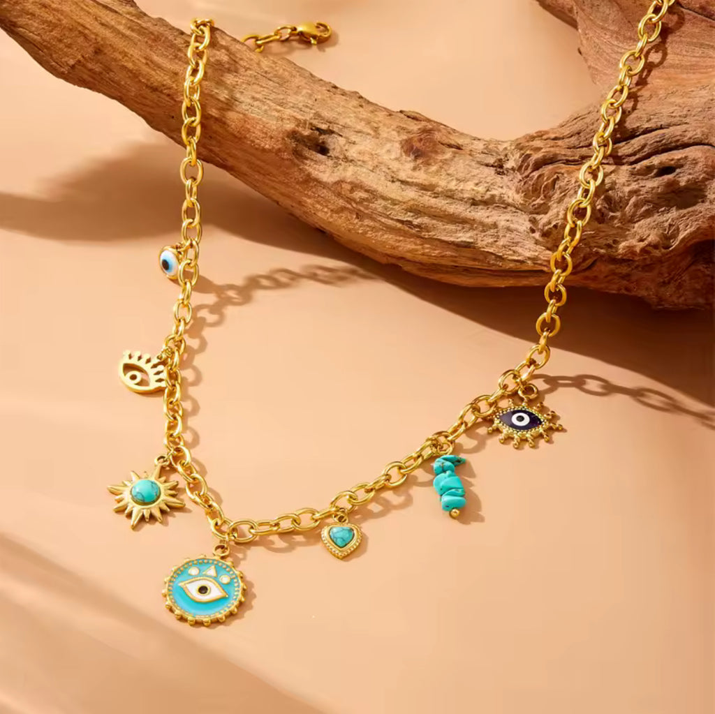 Collier Rétro Soleil Étoile Œil Pierre Turquoise Doré