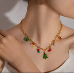 Collier de Noël Cloche Perle Bonhomme de Neige Doré