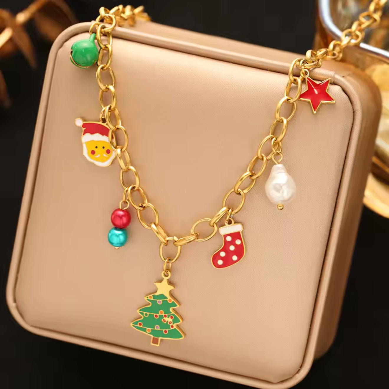 Collier de Noël Cloche Perle Bonhomme de Neige Doré