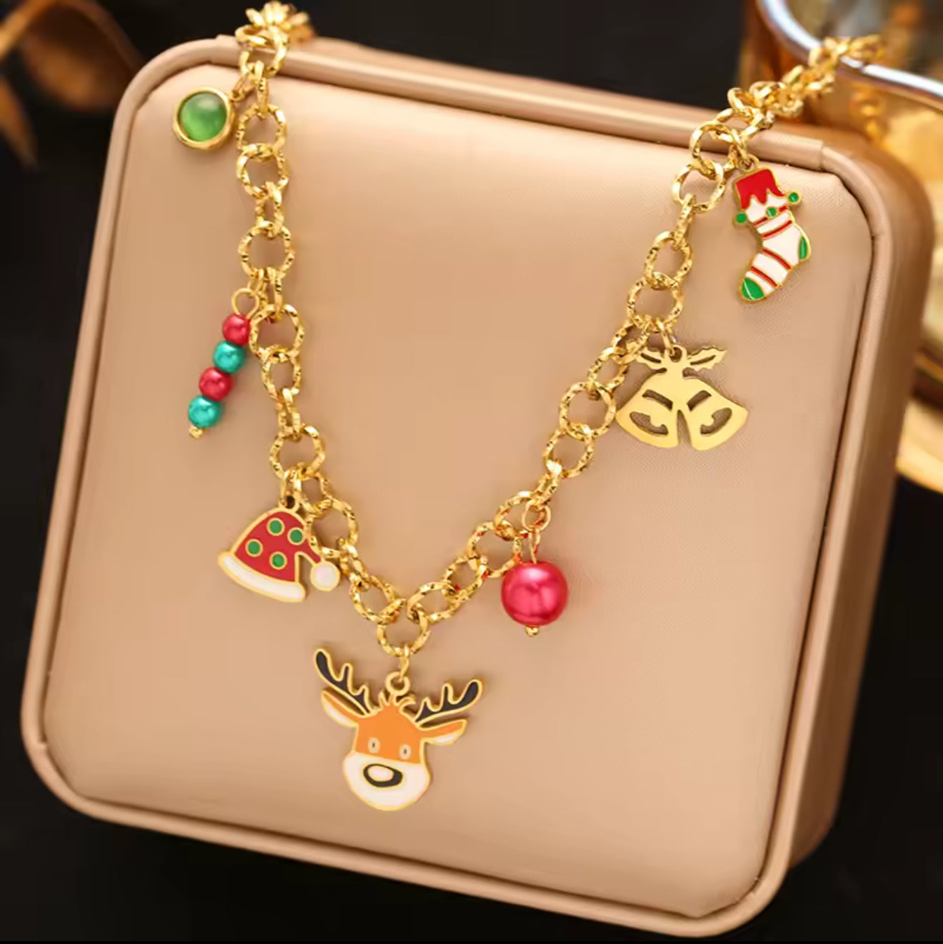 Collier de Noël Renne Cloche Chaussette Doré Acier Inoxydable