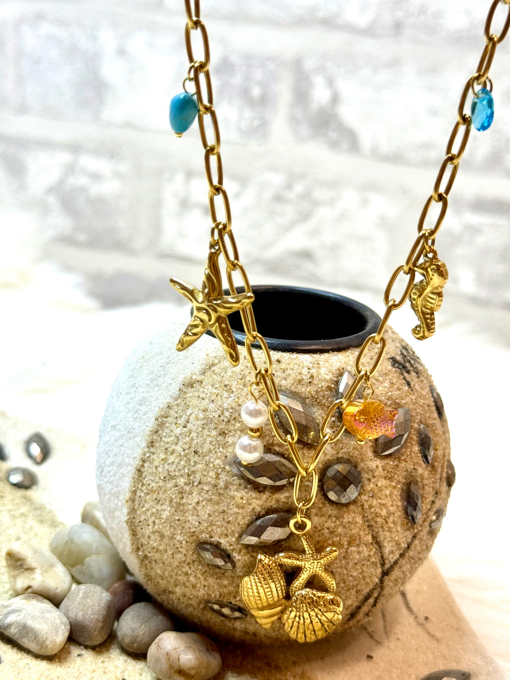 Collier Étoile Hippocampe Coquillage Doré Acier