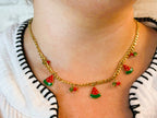 Collier Pendentif Pastèque Pierres Rouge Vert Doré