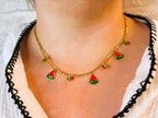 Collier Pendentif Pastèque Pierres Rouge Vert Doré