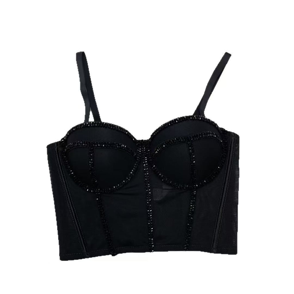 Crop Top Corset à Bretelles Ajustables avec Strass