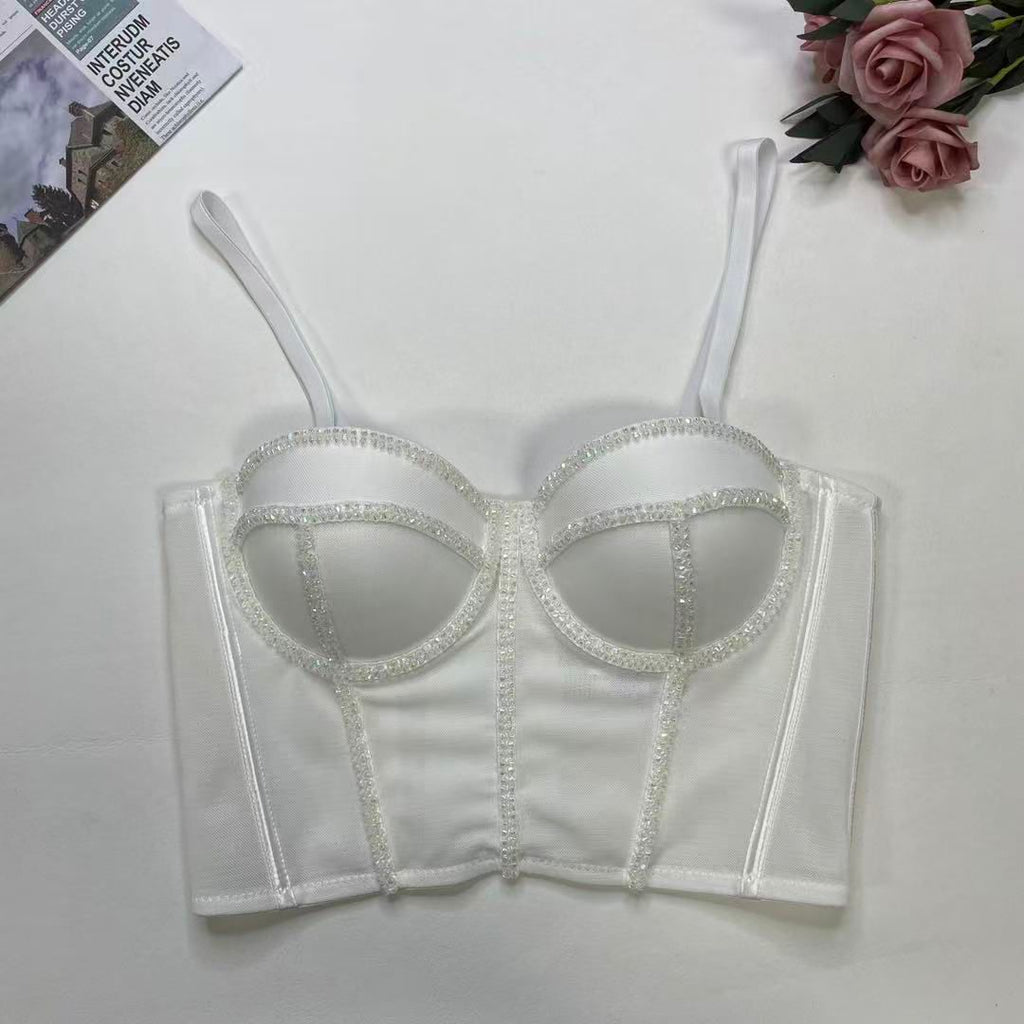 Crop Top Corset à Bretelles Ajustables avec Strass