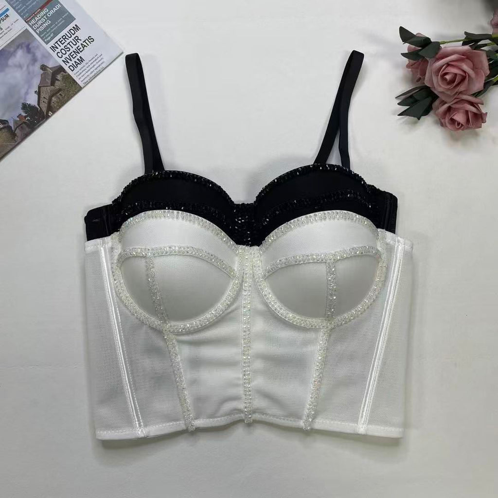Crop Top Corset à Bretelles Ajustables avec Strass