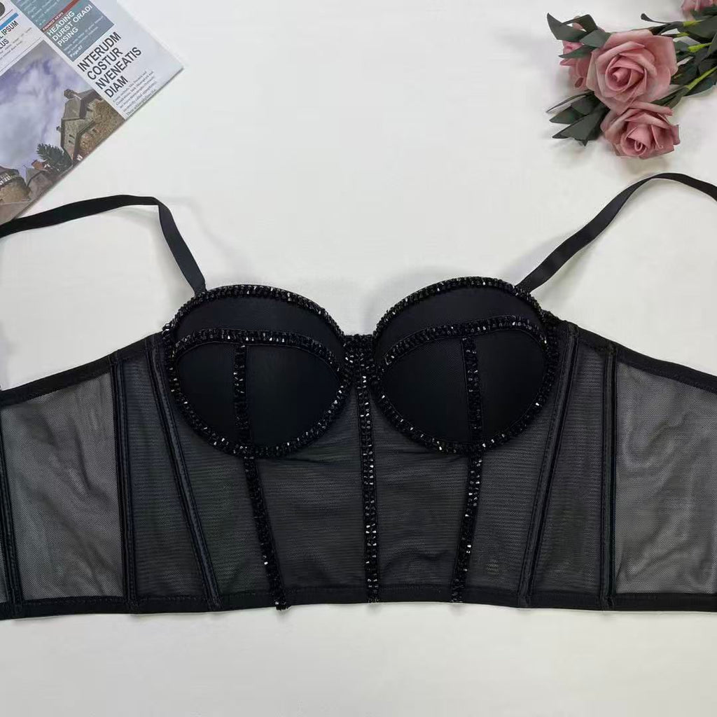 Crop Top Corset à Bretelles Ajustables avec Strass