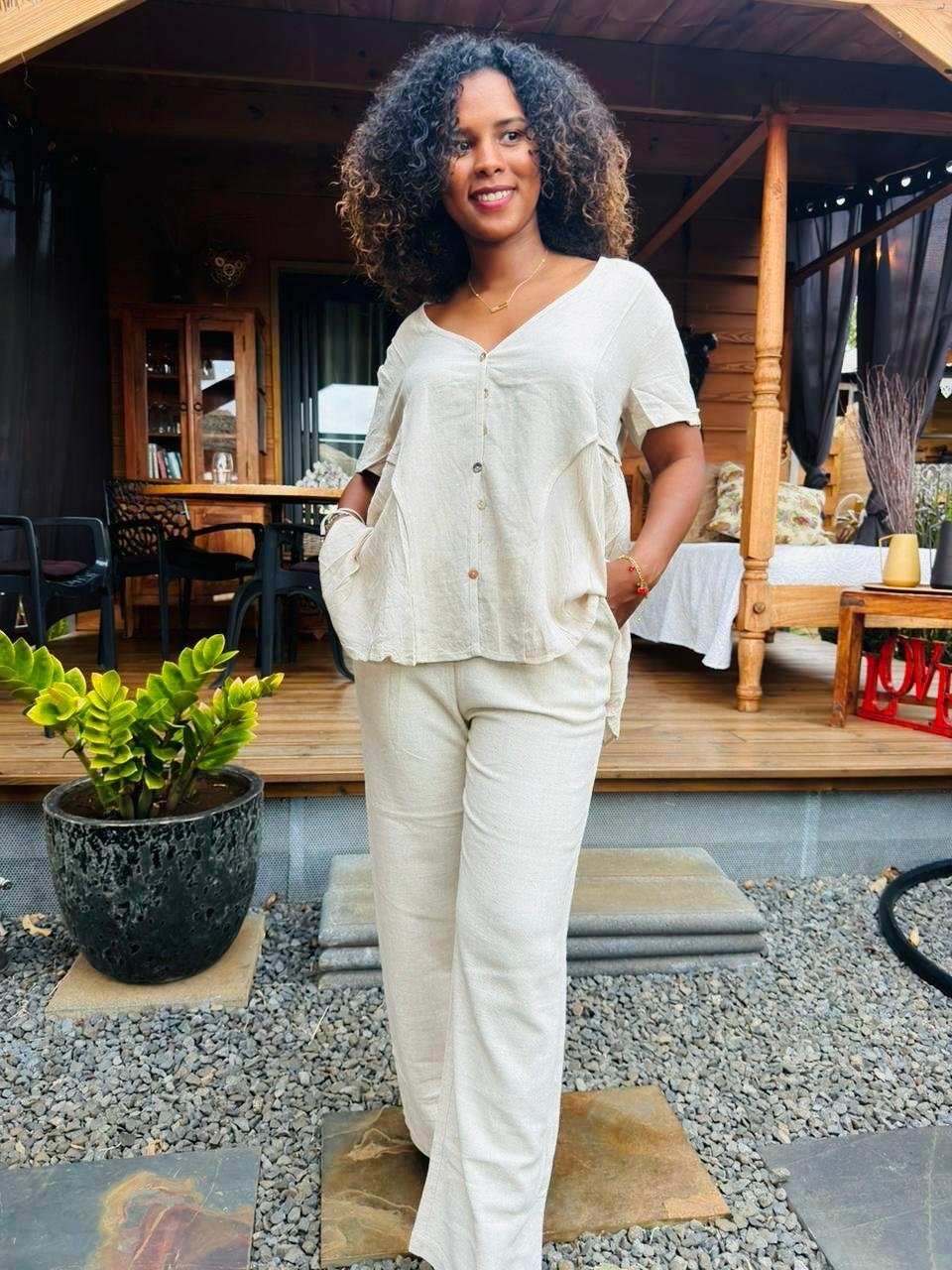 Ensemble 2 Pièces Col V Beige Coton Lin