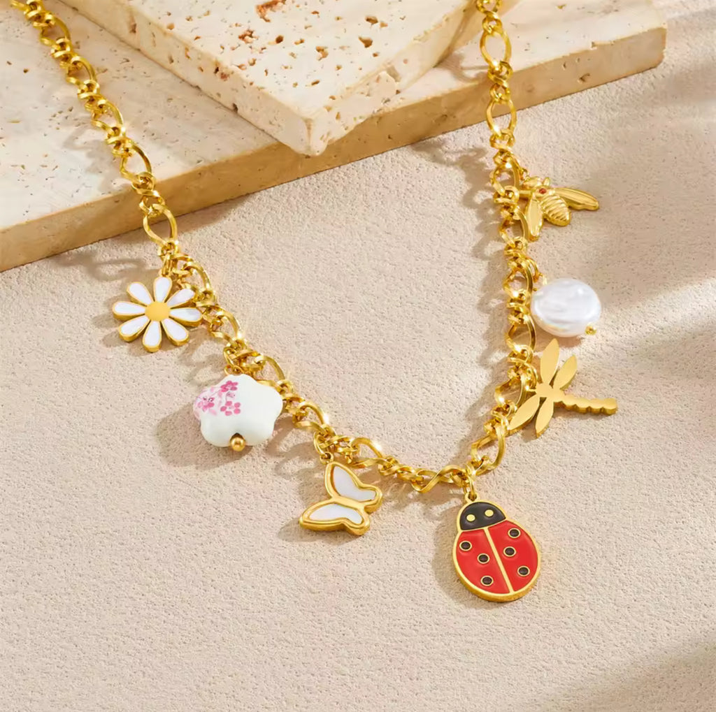 Ensemble Bijoux Perle Libellule Coccinelle Fleur Doré