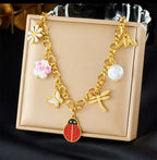 Ensemble Bijoux Perle Libellule Coccinelle Fleur Doré