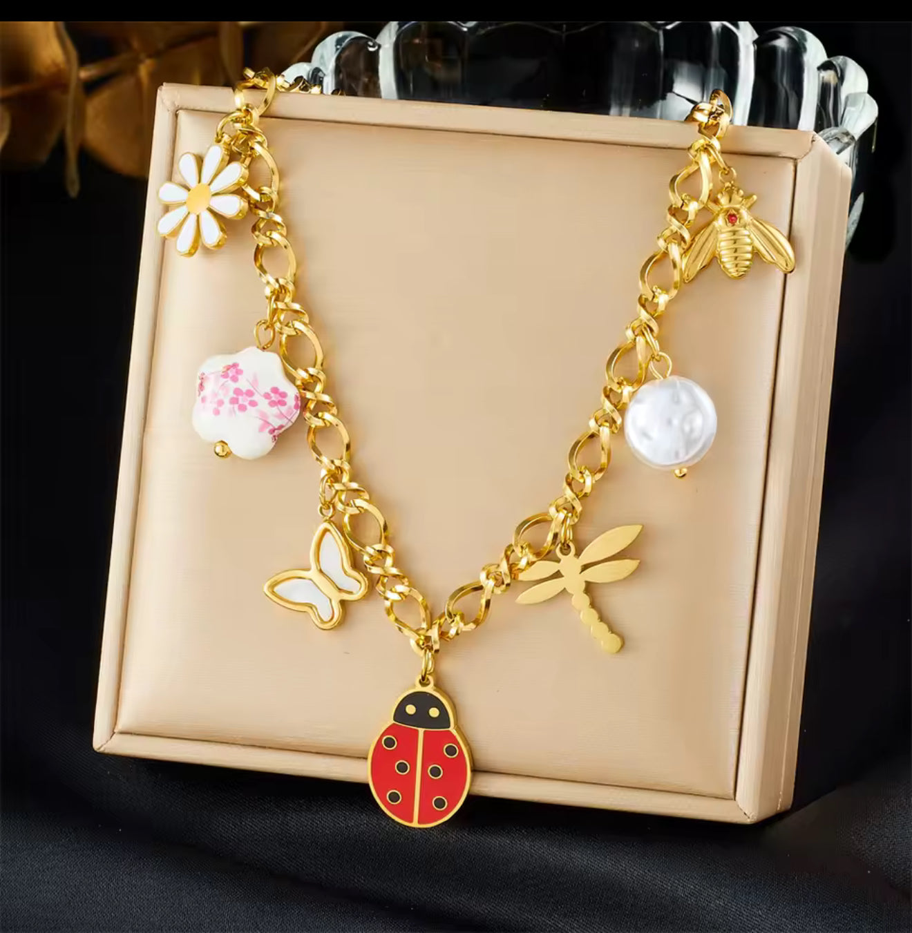 Ensemble Bijoux Perle Libellule Coccinelle Fleur Doré