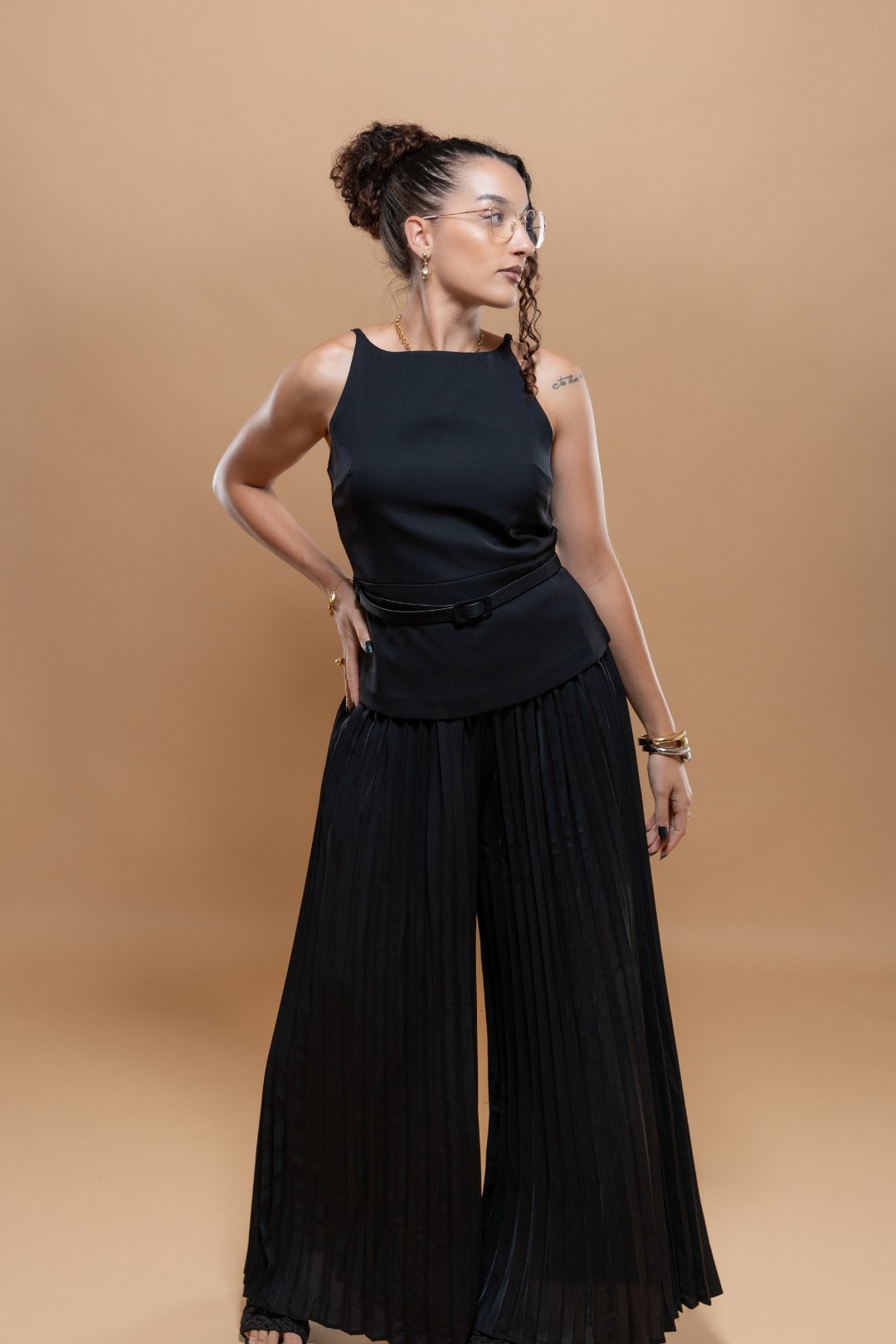 Ensemble Femme 2 Pièces Coton - Haut Ceinture Pantalon Plissé