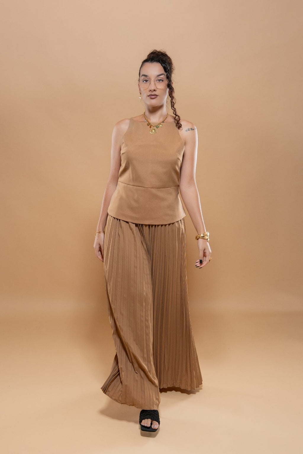 Ensemble Femme 2 Pièces Coton - Haut Ceinture Pantalon Plissé