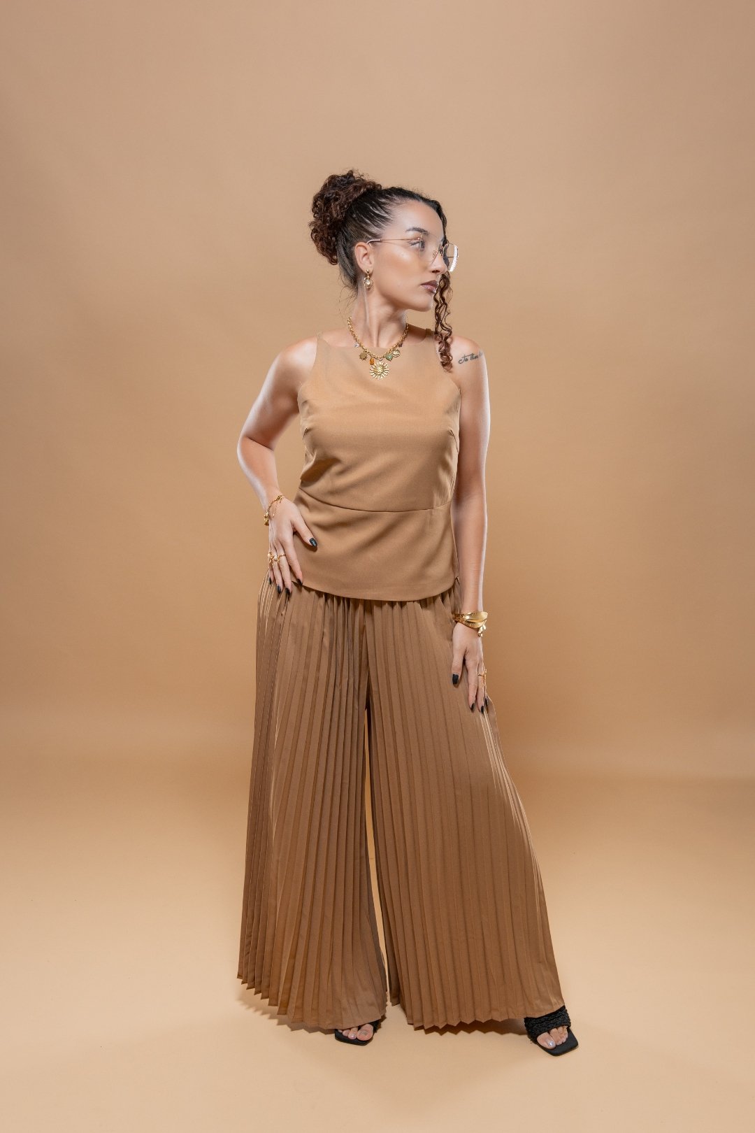 Ensemble Femme 2 Pièces Coton - Haut Ceinture Pantalon Plissé