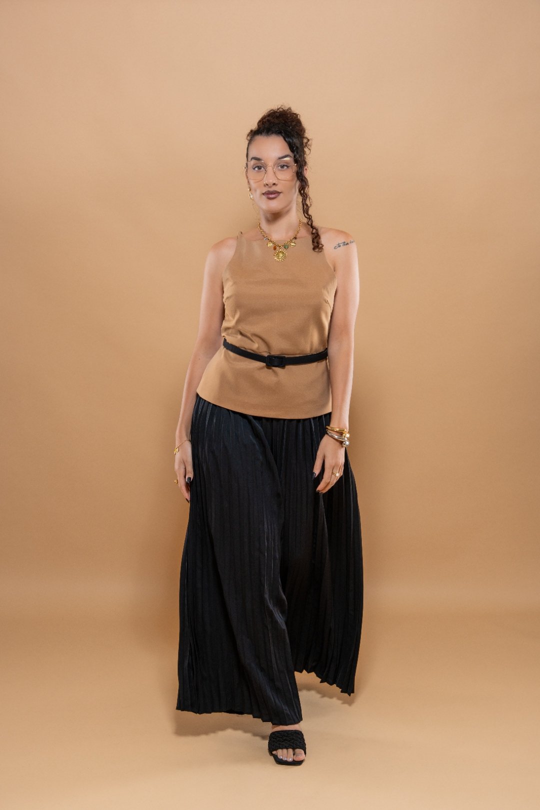 Ensemble Femme 2 Pièces Coton - Haut Ceinture Pantalon Plissé