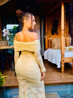 Robe Moulante en Dentelle Jaune - Manches Longues Épaules Dénudées Sexy