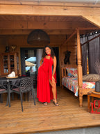 Robe Longue Élégante à Fente - Rouge, Noir ou Blanc