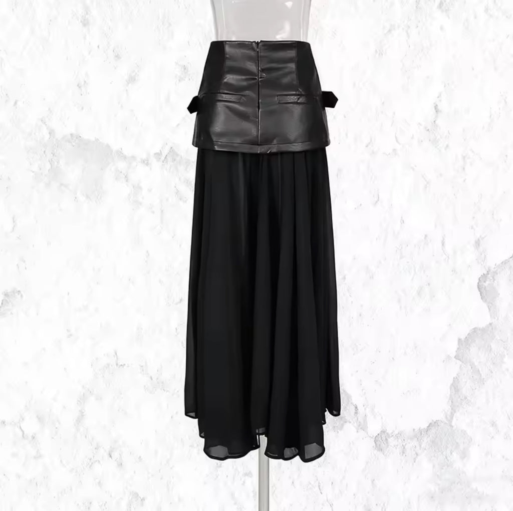 Jupe Longue Taille Haute Plissée Patchwork Simili-Cuir