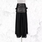 Jupe Longue Taille Haute Plissée Patchwork Simili-Cuir