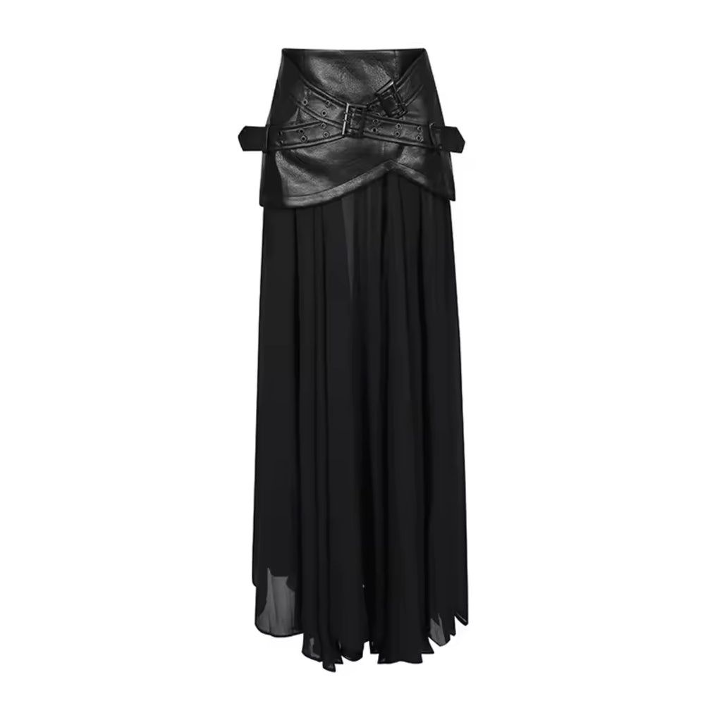 Jupe Longue Taille Haute Plissée Patchwork Simili-Cuir