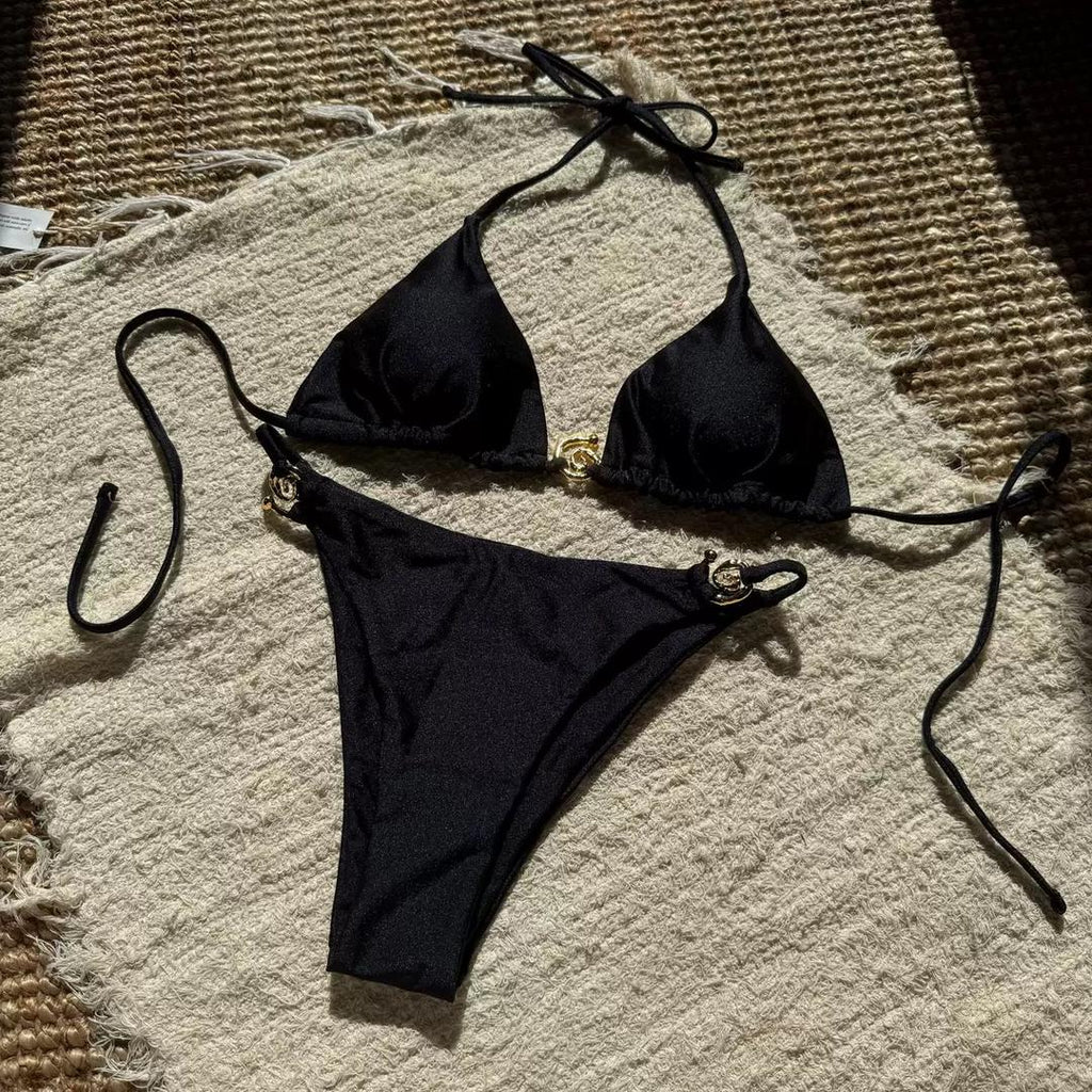 Maillot de Bain 2 Pièces Taille Haute Boucle Métal