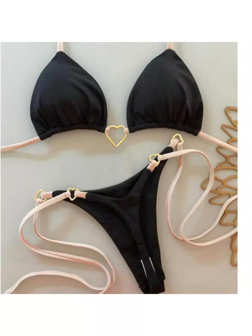 Maillot de Bain String 2 Pièces Bijou Cœur Noir