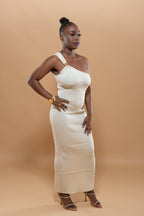 Robe Élégante Détail Bijoux Épaule - Beige/Noir/Marron