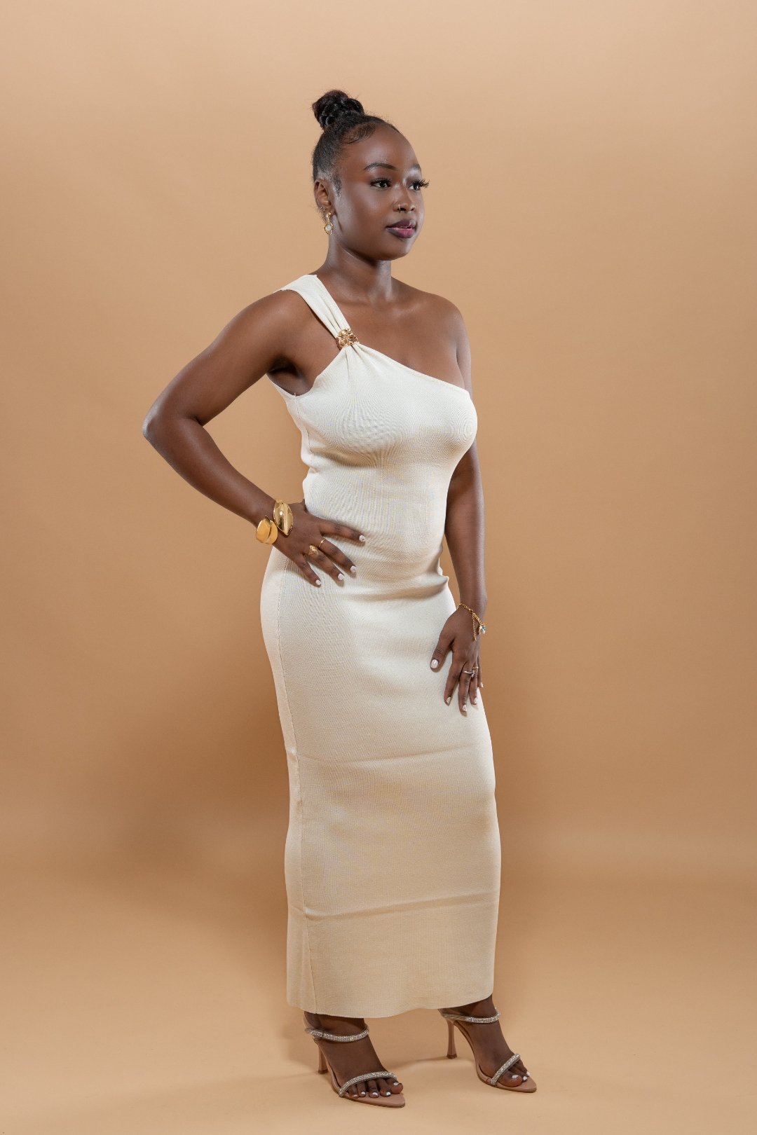 Robe Élégante Détail Bijoux Épaule - Beige/Noir/Marron