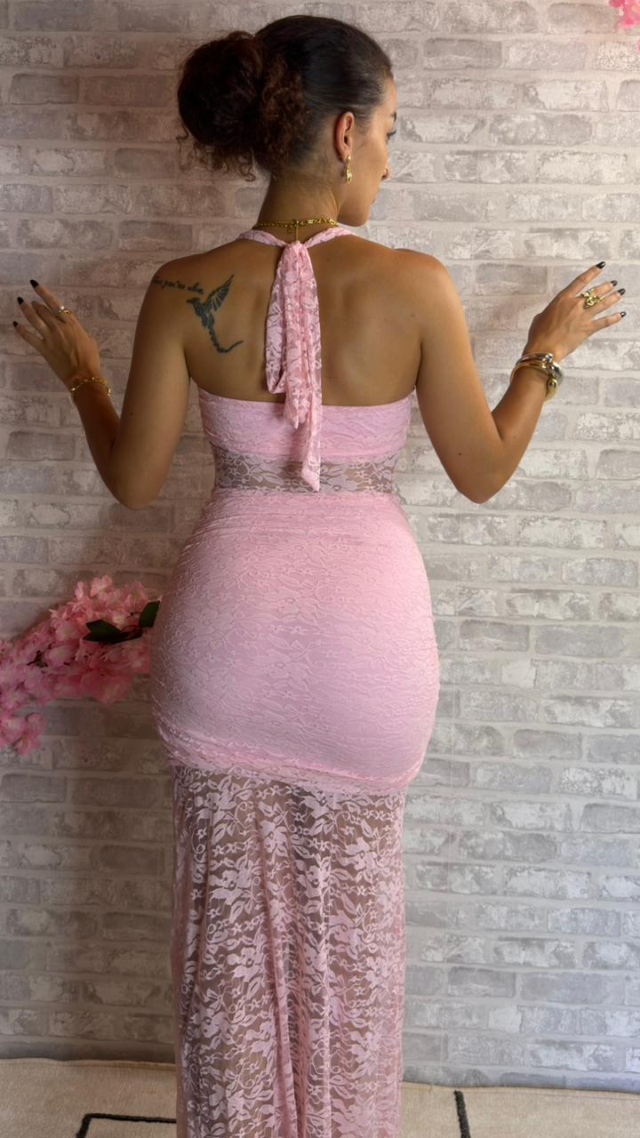 Robe Moulante Dentelle Rose Sans Manches