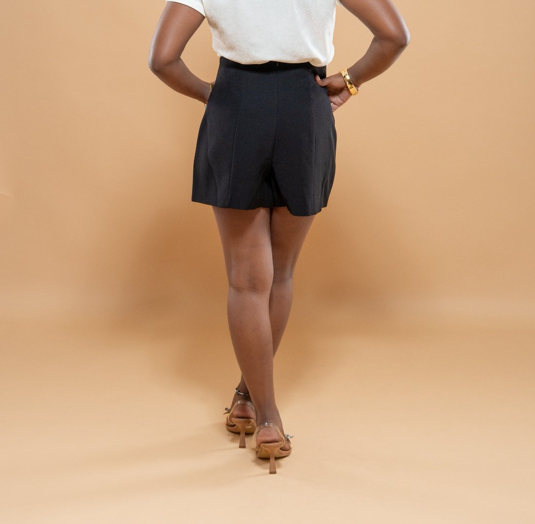 Short Taille Haute Jambes Larges - Blanc/Noir/Marron